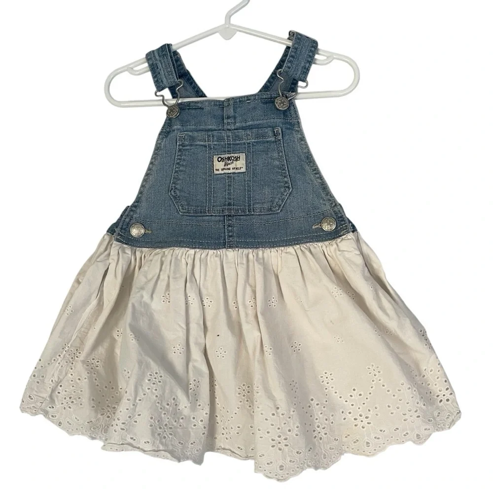 Oshkosh BGosh Jumper Dress Girls 3T Blue White Eyelet Denim Casual Play Party